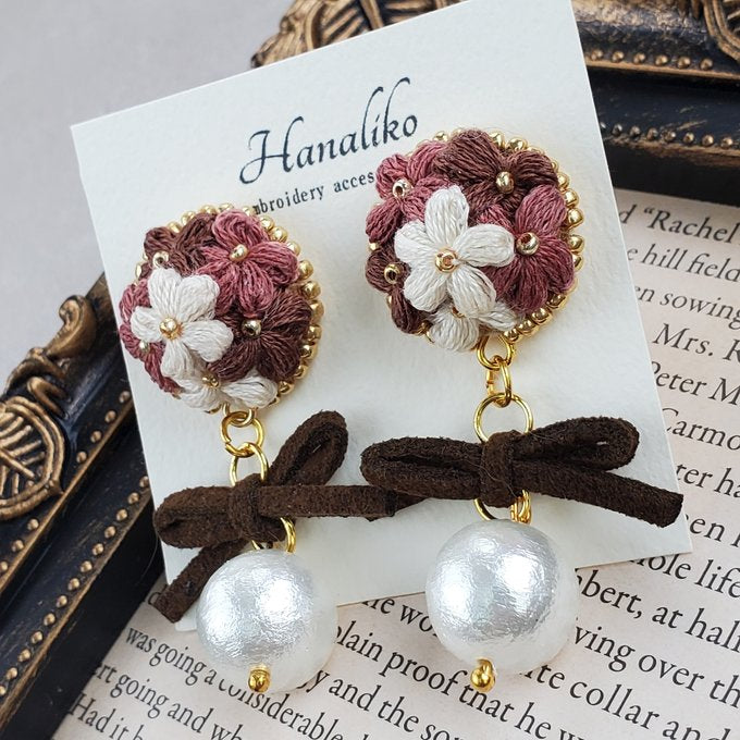 [Hanaliko] Japanese Handmade Bouquet Embroidery with Pearl Earrings, Brown x Pink