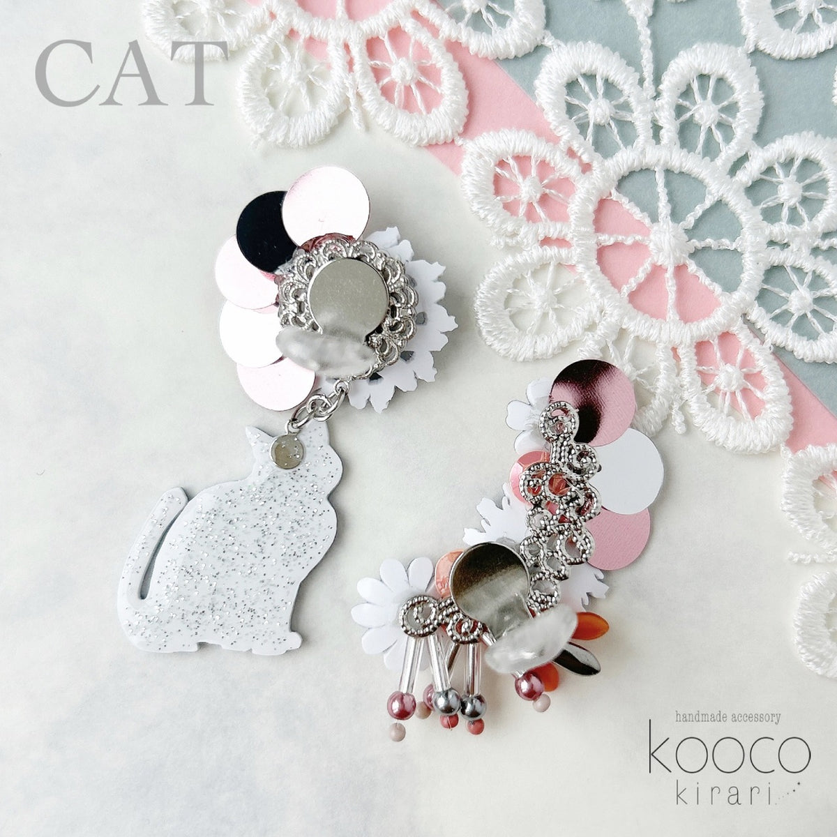 [kooco kirari] 日本手作貓貓耳環，銀色