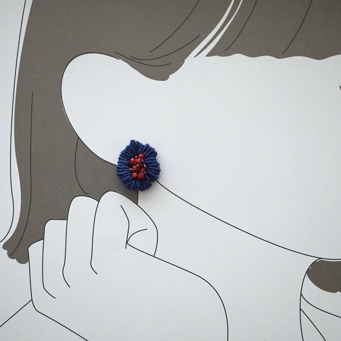 [akairo] Japanese Handmade Embroidery Earrings, Blue x Red