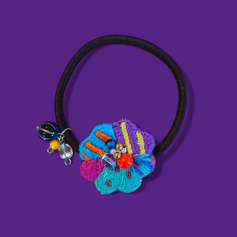 [one heart] Japanese Handmade Embroidery Colourful Flower Hair Tie, Blue x Purple