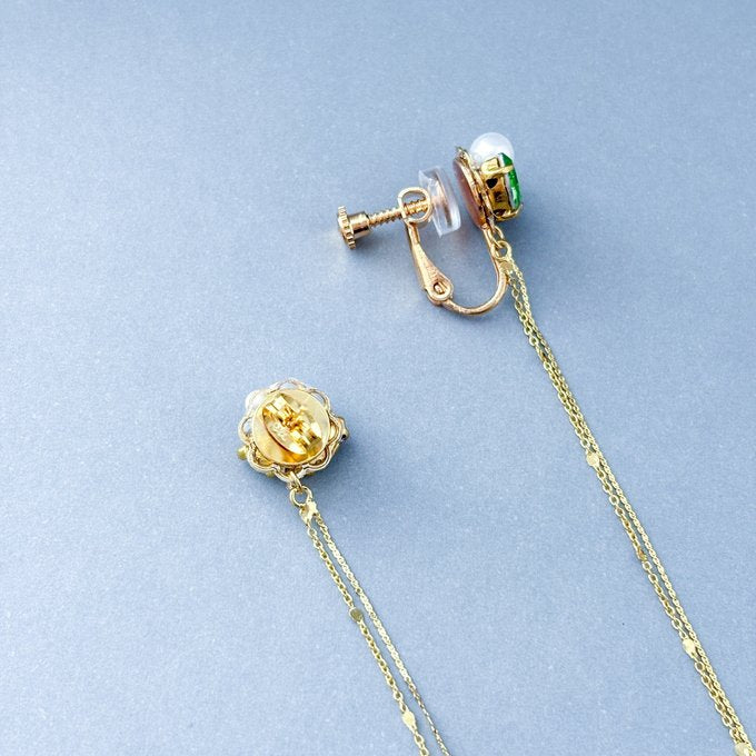 [Bell] Japanese Handmade Round Beads Earrings, Green x Gold