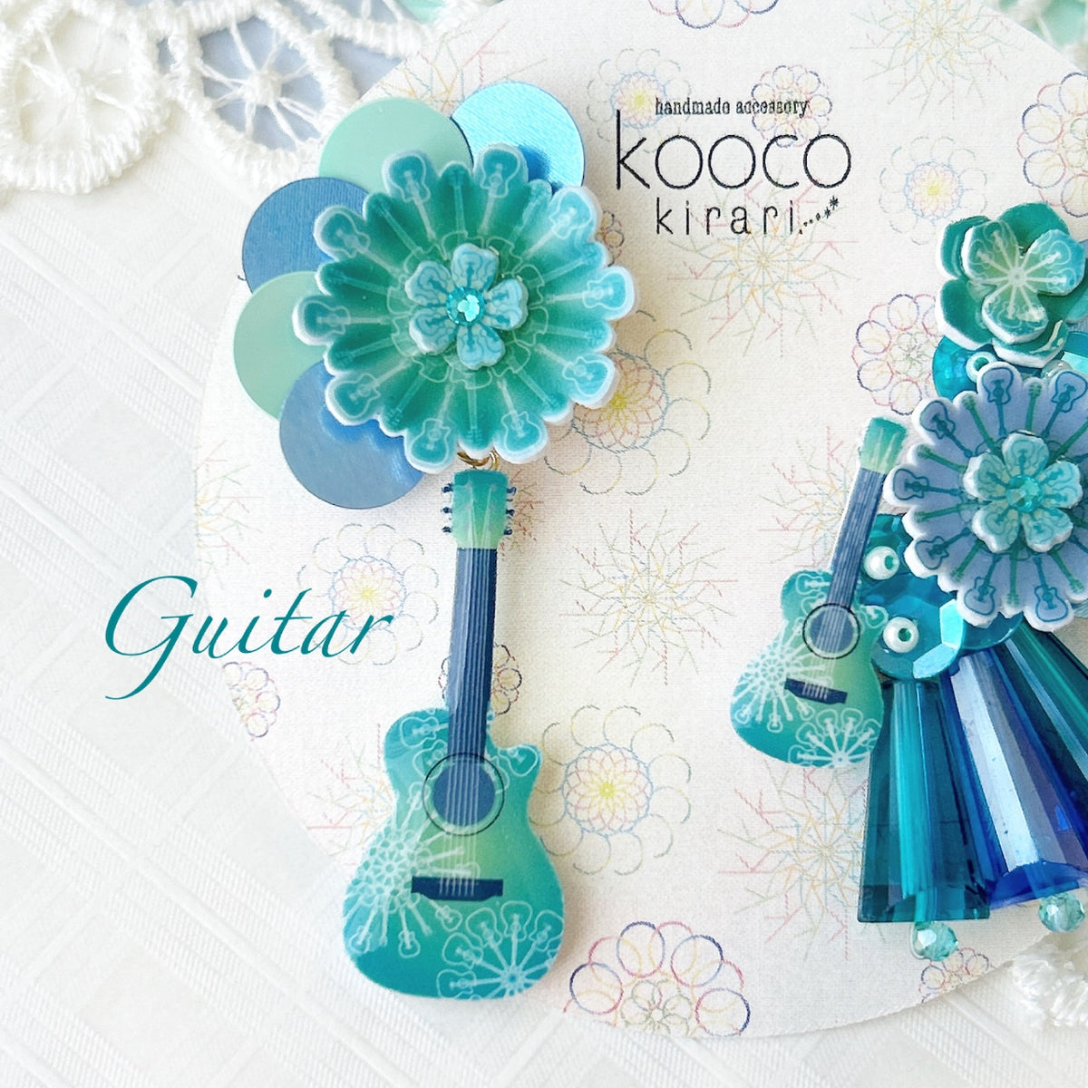 [kooco kirari] Japanese Handmade Guitar Earrings, Bluish Green