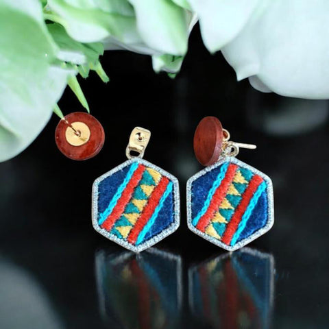 [one heart] Japanese Handmade Embroidery Hexagon Earrings, Blue x Green (Pierced Only)