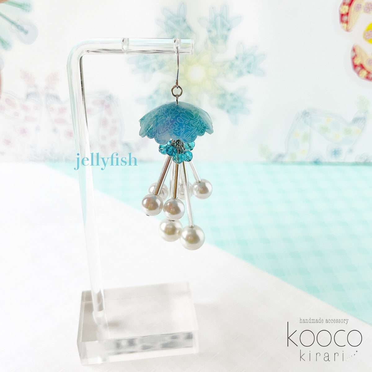 [kooco kirari] Japanese Handmade Jellyfish Pearl Earrings, Blue