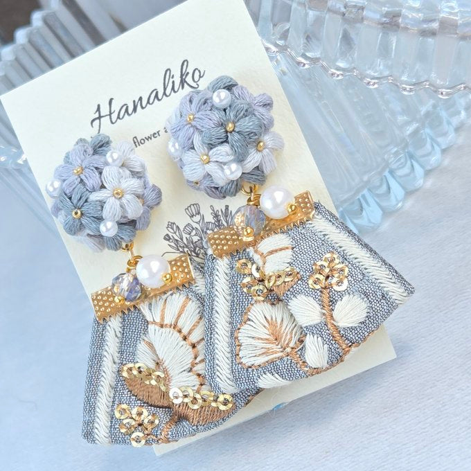 [Hanaliko] Japanese Handmade Bouquet Flower Embroidery with Indian Ribbon Earrings, Blue