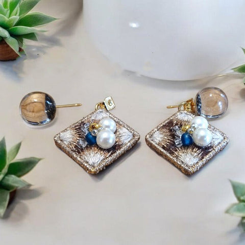 [one heart] Japanese Handmade Embroidery Diamond Shape Earrings, Brown (Pierced Only)