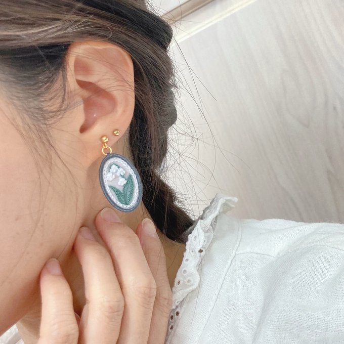 [putiito...] Japanese Handmade Embroidery Earrings, Lily of the Valley (Birth Flower for May)