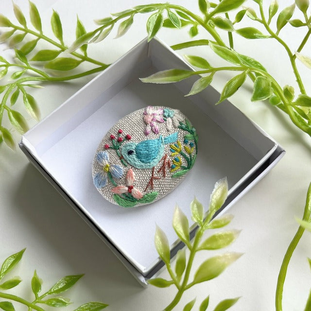 Japanese Handmade Botanical Bird Embroidery Brooch, Grey