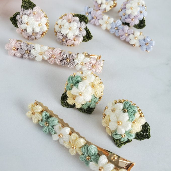 [Hanaliko] Japanese Handmade Bouquet Embroidery Earrings, Yellow x Green