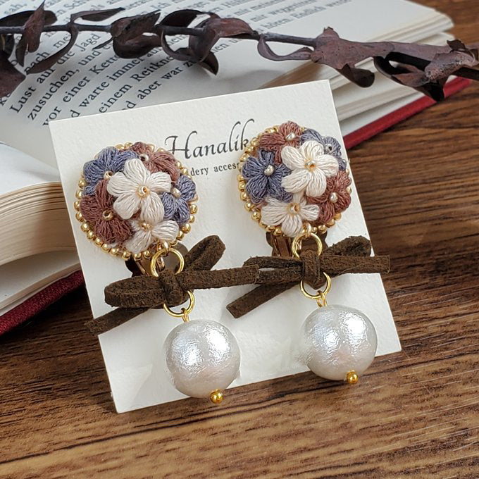 [Hanaliko] Japanese Handmade Bouquet Embroidery with Pearl Earrings, Brown x Purple