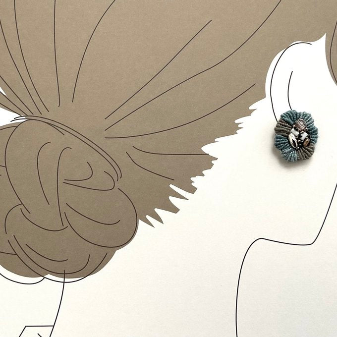 [akairo] Japanese Handmade Embroidery Earrings, Greenish Blue x Grey