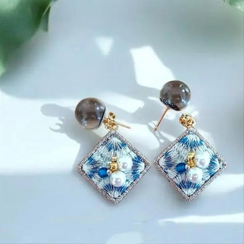 [one heart] Japanese Handmade Embroidery Diamond Shape Earrings, Blue (Pierced Only)
