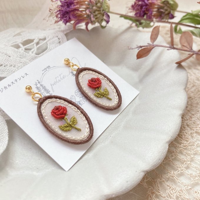 [putiito...] Japanese Handmade Embroidery Earrings, Little Rose