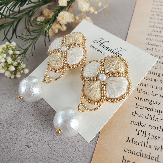 [Hanaliko] Japanese Handmade Flower Embroidery Earrings, Beige