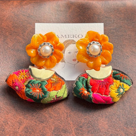 [mameko] Japanese Handmade Indian Embroidery Ribbon Earrings, Orange
