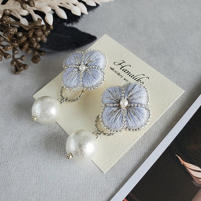 [Hanaliko] Japanese Handmade Flower Embroidery Earrings, Purplish Blue