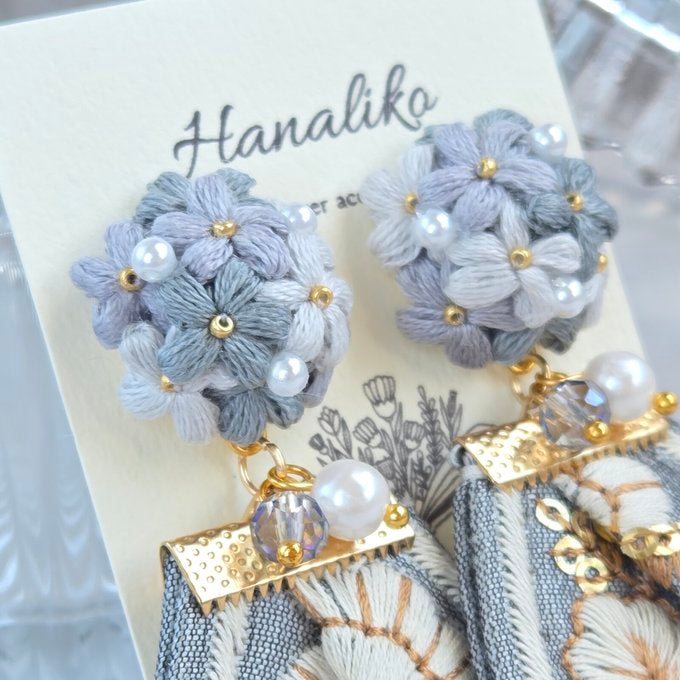 [Hanaliko] Japanese Handmade Bouquet Flower Embroidery with Indian Ribbon Earrings, Blue