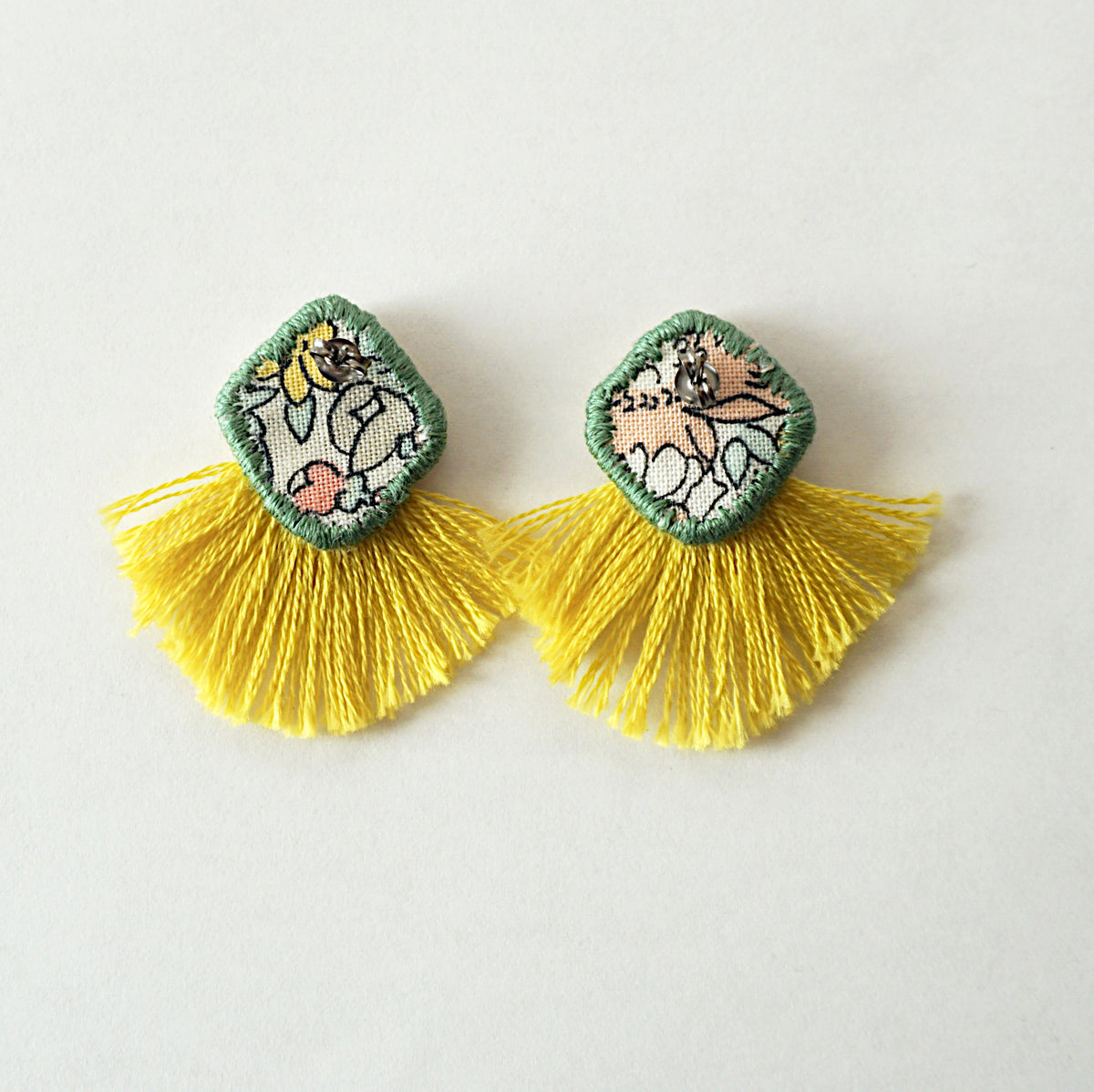 [hiromaru] Japanese Handmade Diamond Flower Tassel Embroidery Earrings, Mustard