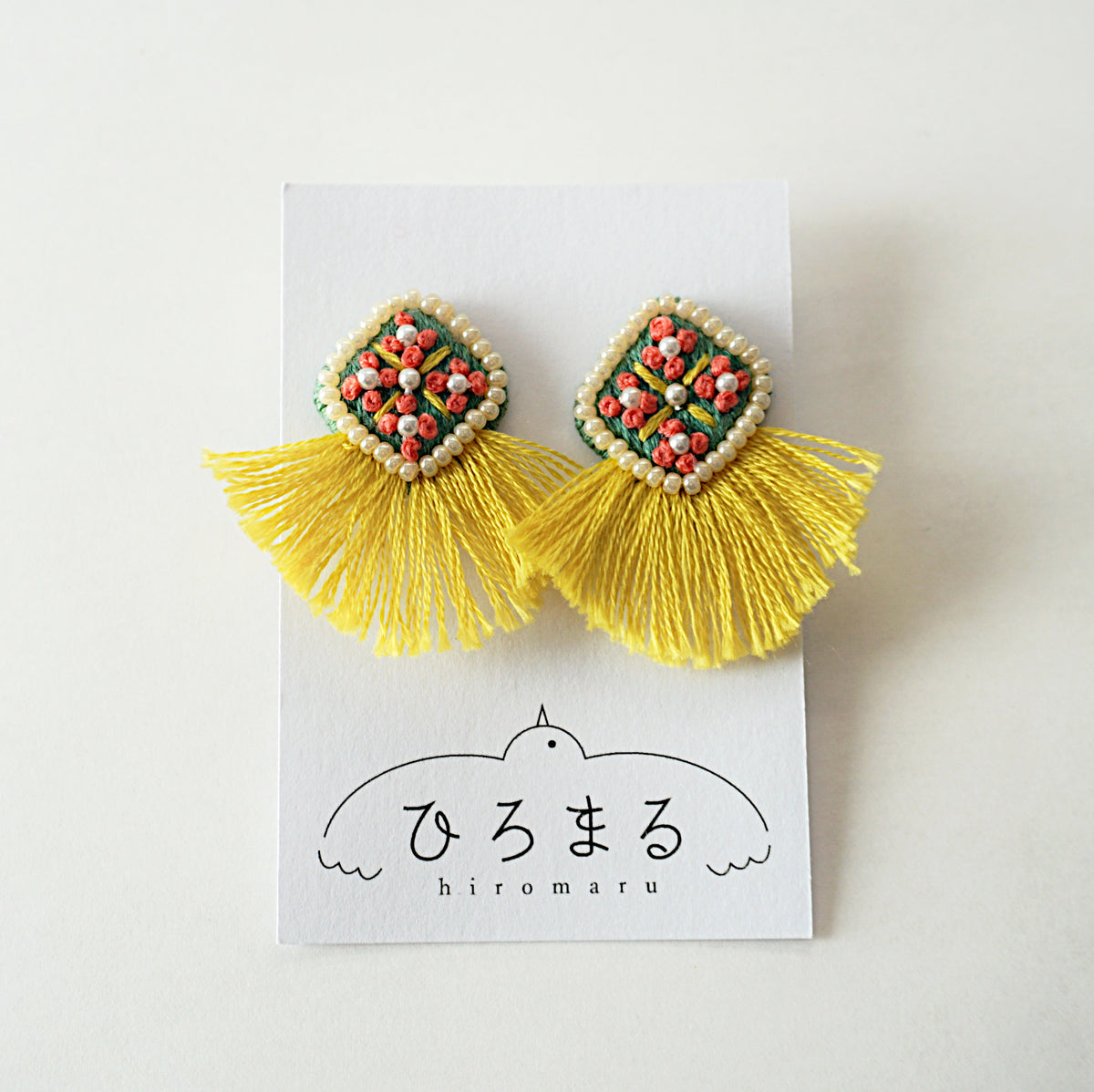 [hiromaru] Japanese Handmade Diamond Flower Tassel Embroidery Earrings, Mustard