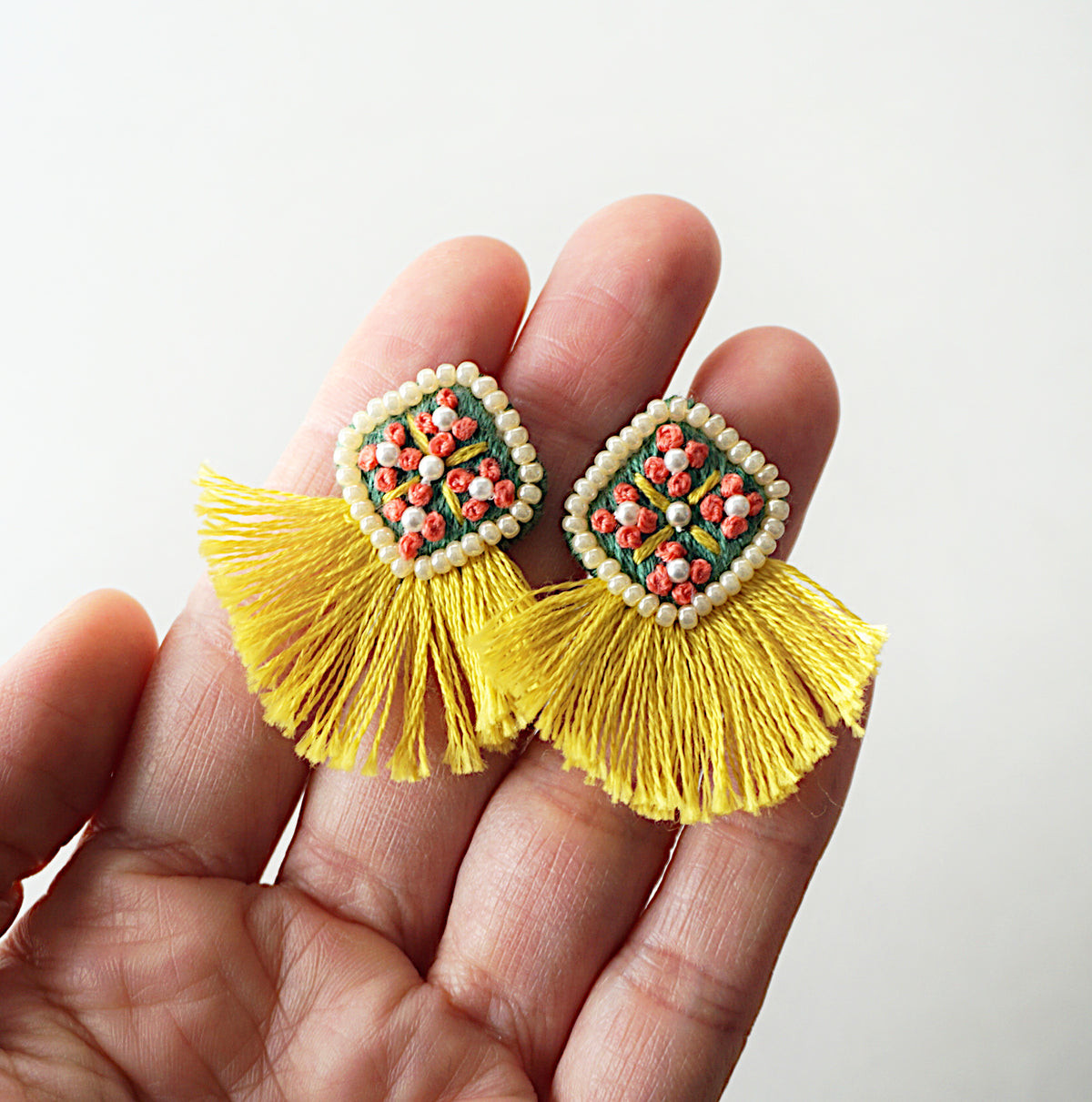 [hiromaru] Japanese Handmade Diamond Flower Tassel Embroidery Earrings, Mustard