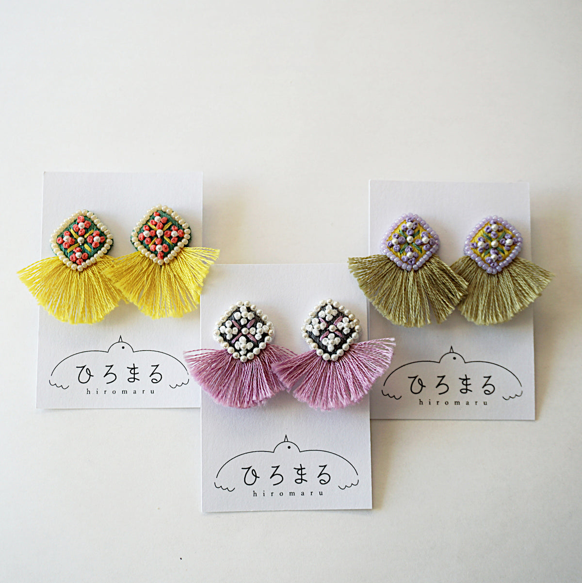 [hiromaru] Japanese Handmade Diamond Flower Tassel Embroidery Earrings, Mustard