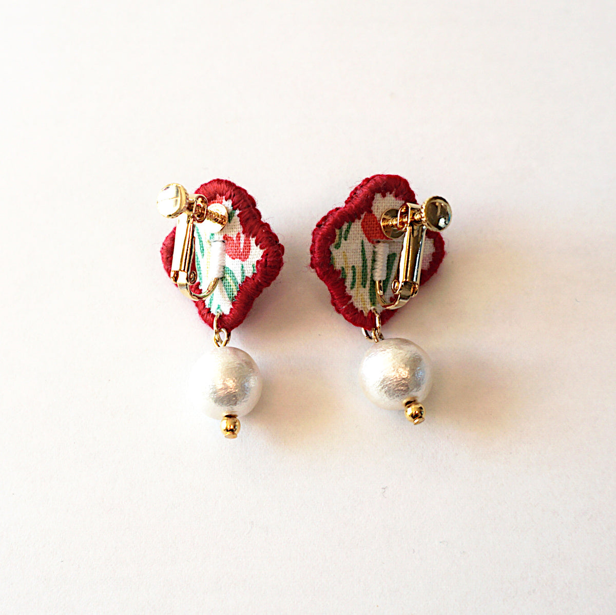 [hiromaru] Japanese Handmade Flower Embroidery Earrings, Red