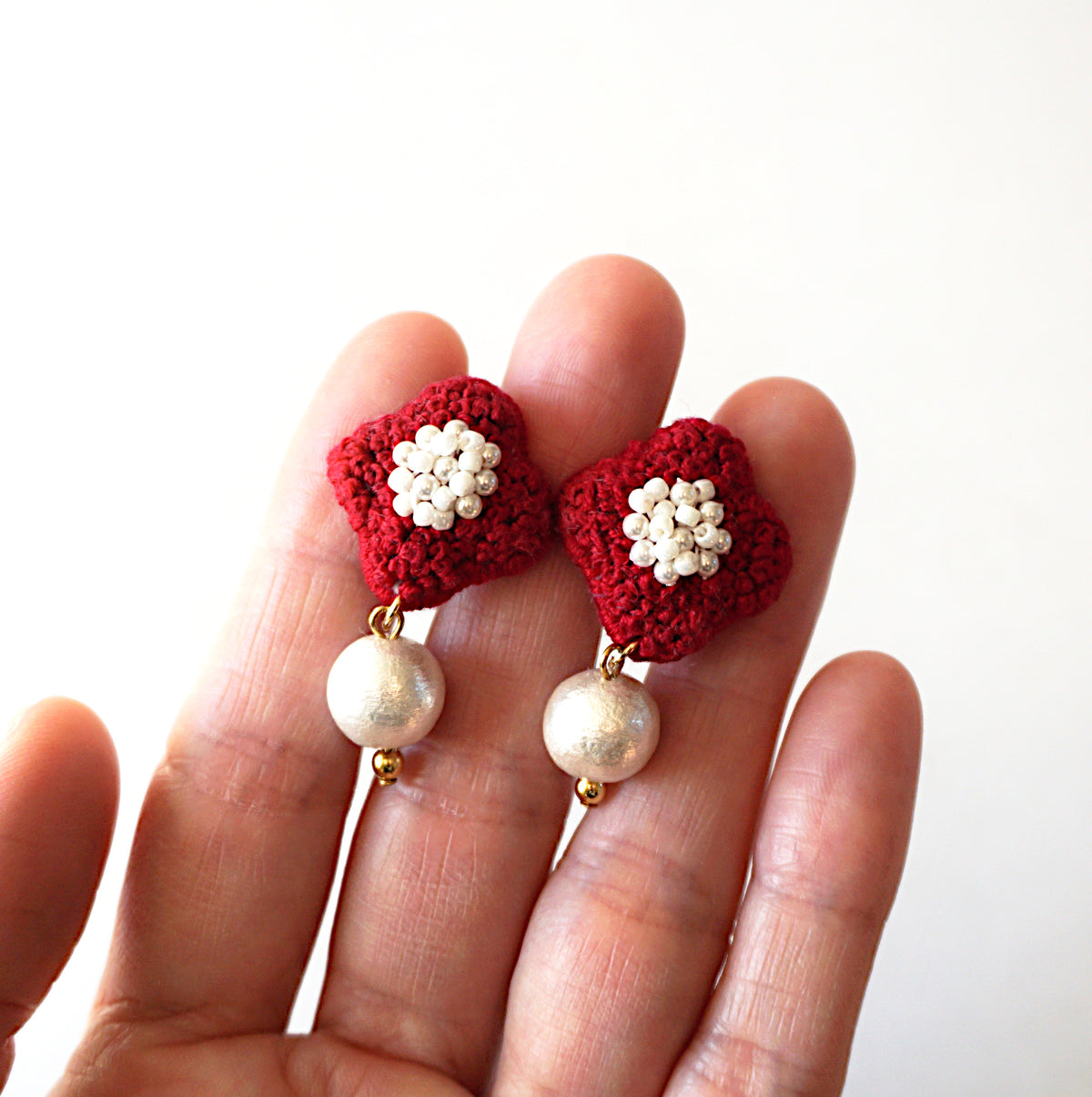 [hiromaru] Japanese Handmade Flower Embroidery Earrings, Red