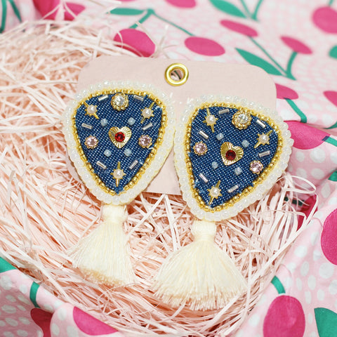 [Tngl.me] Japanese Handmade Jeans Heart Beads Tassel Earrings, Ivory