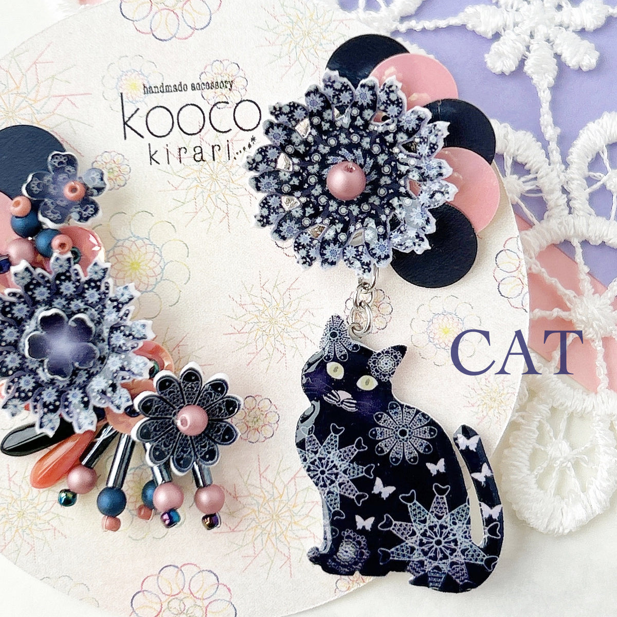 [kooco kirari] Japanese Handmade Cat & Moon Earrings, Navy