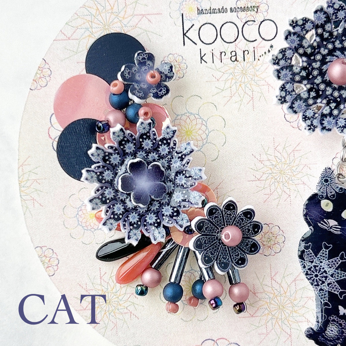 [kooco kirari] Japanese Handmade Cat & Moon Earrings, Navy