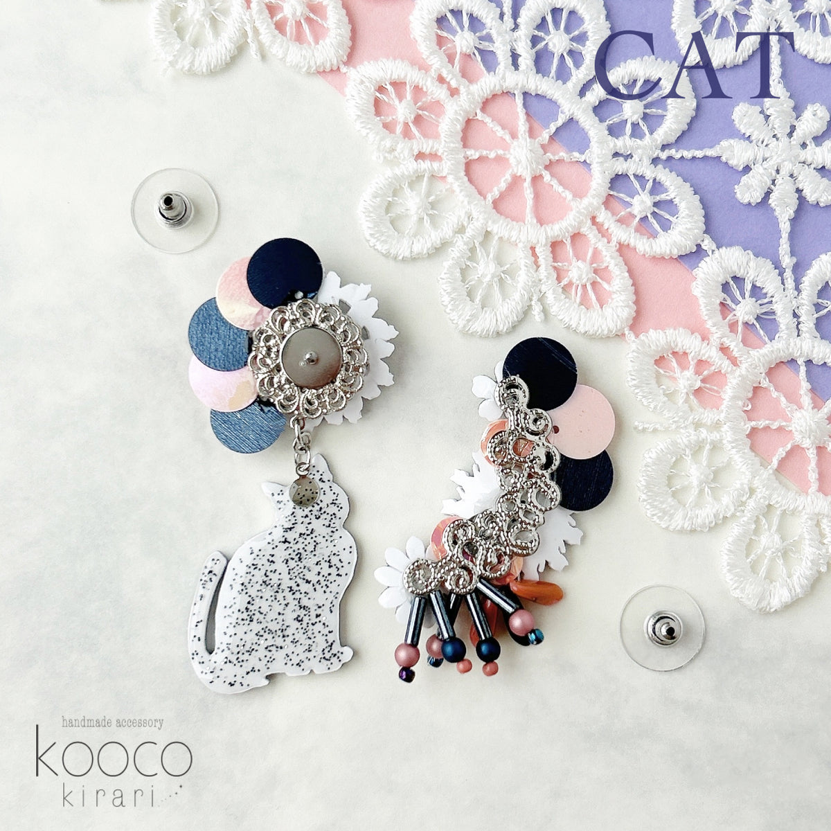 [kooco kirari] Japanese Handmade Cat & Moon Earrings, Navy