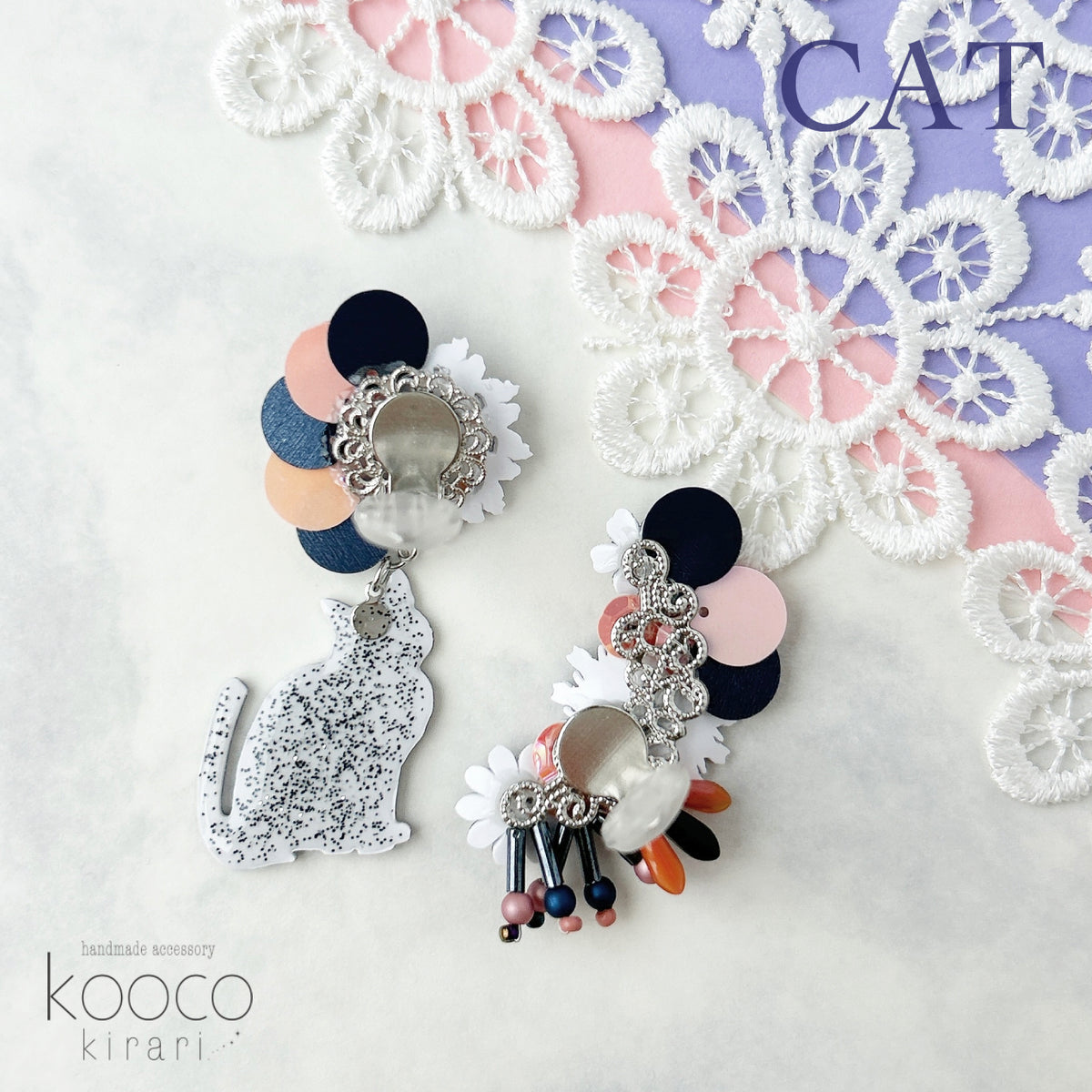 [kooco kirari] Japanese Handmade Cat & Moon Earrings, Navy