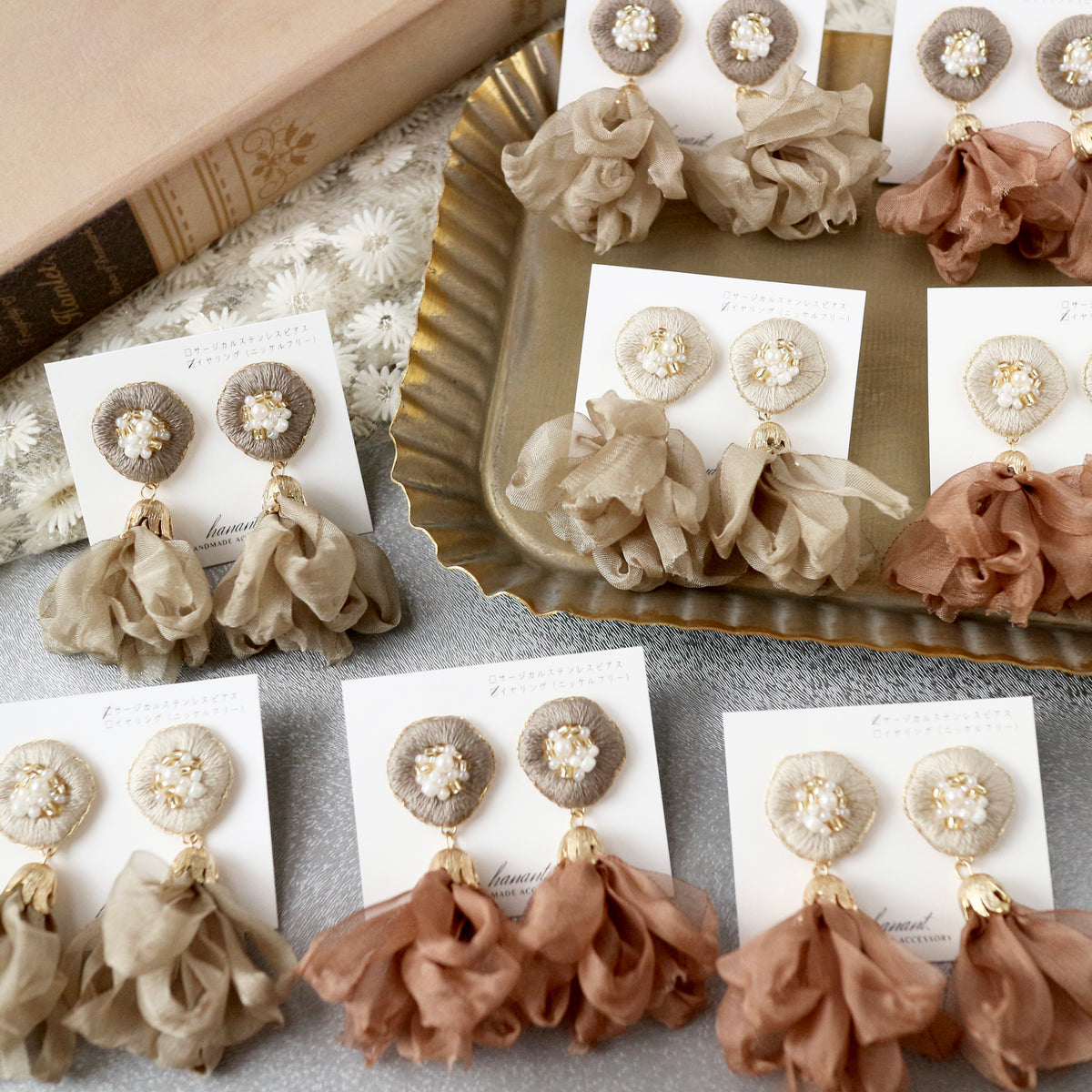 [hanant] Japanese Handmade Chiffon Tassel Embroidery Earrings, Beige x Brown