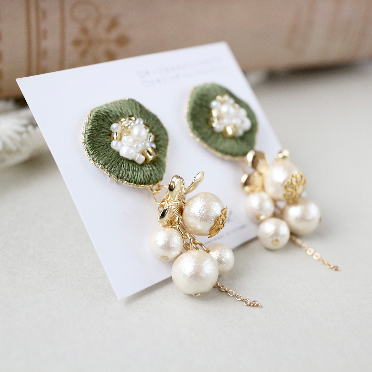 [hanant] Japanese Handmade Long Cotton Pearl Embroidery Earrings, Khaki