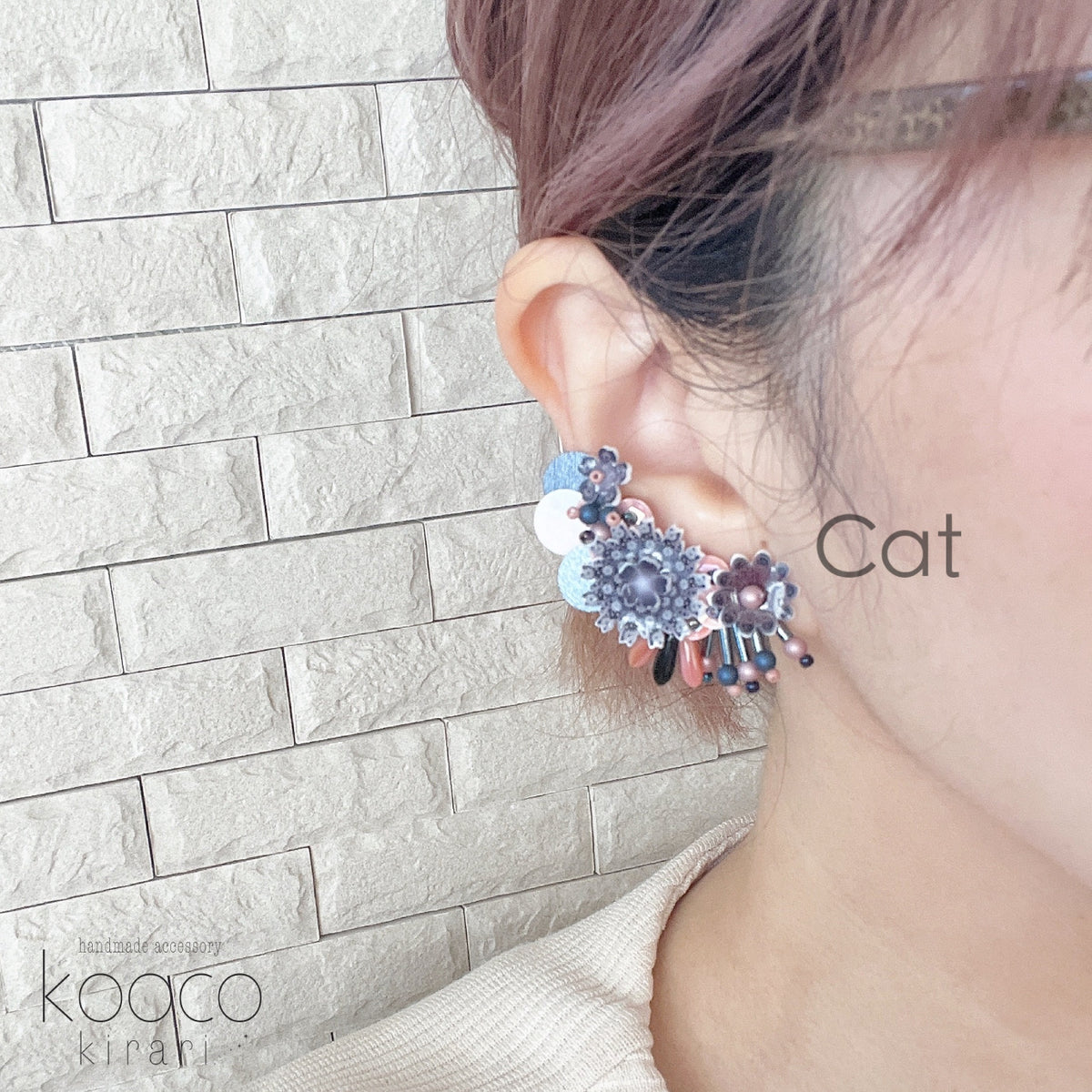 [kooco kirari] Japanese Handmade Cat & Moon Earrings, Navy