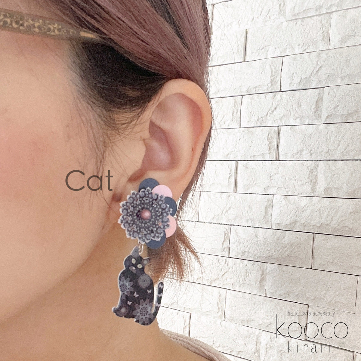 [kooco kirari] Japanese Handmade Cat & Moon Earrings, Navy