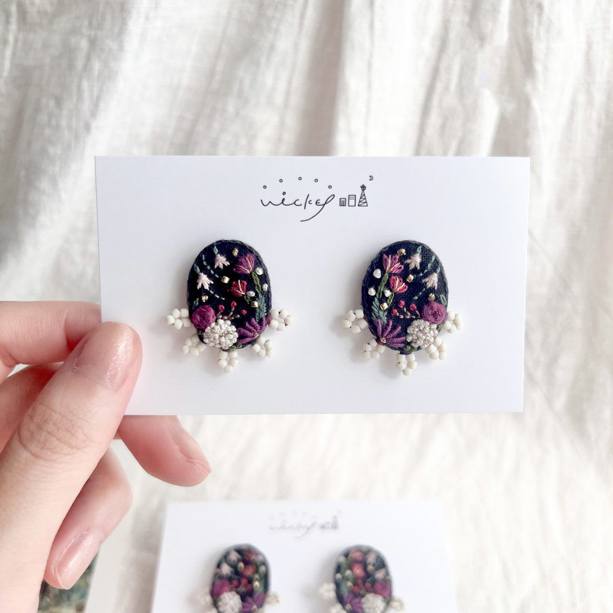 [WiCKET] Japanese Handmade The Garden of Witch Embroidery Earrings, White Beads