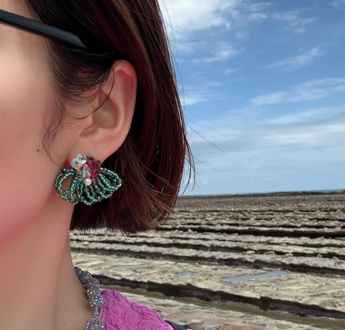 [kemi no iro] Japanese Handmade Beads Frill Earrings, Pink