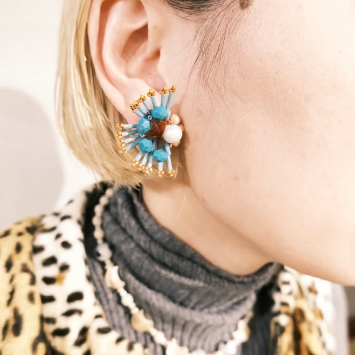 [tukurou] Japanese Handmade Beads Embroidery Kajaku Earrings, Grassy Green (Clip Only)