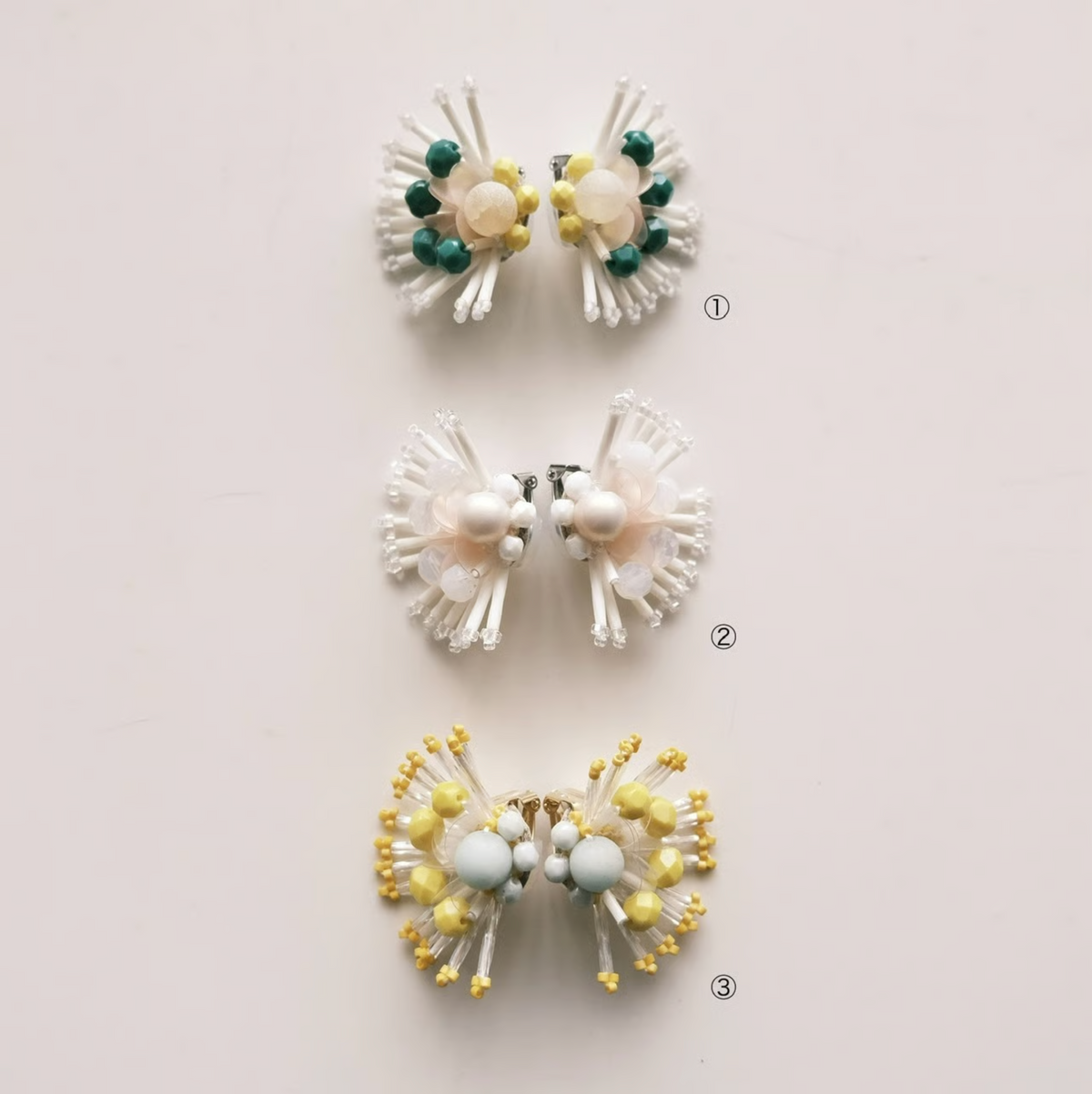 [tukurou] Japanese Handmade Beads Embroidery Kajaku Earrings, Yellow x Mint (Clip Only)