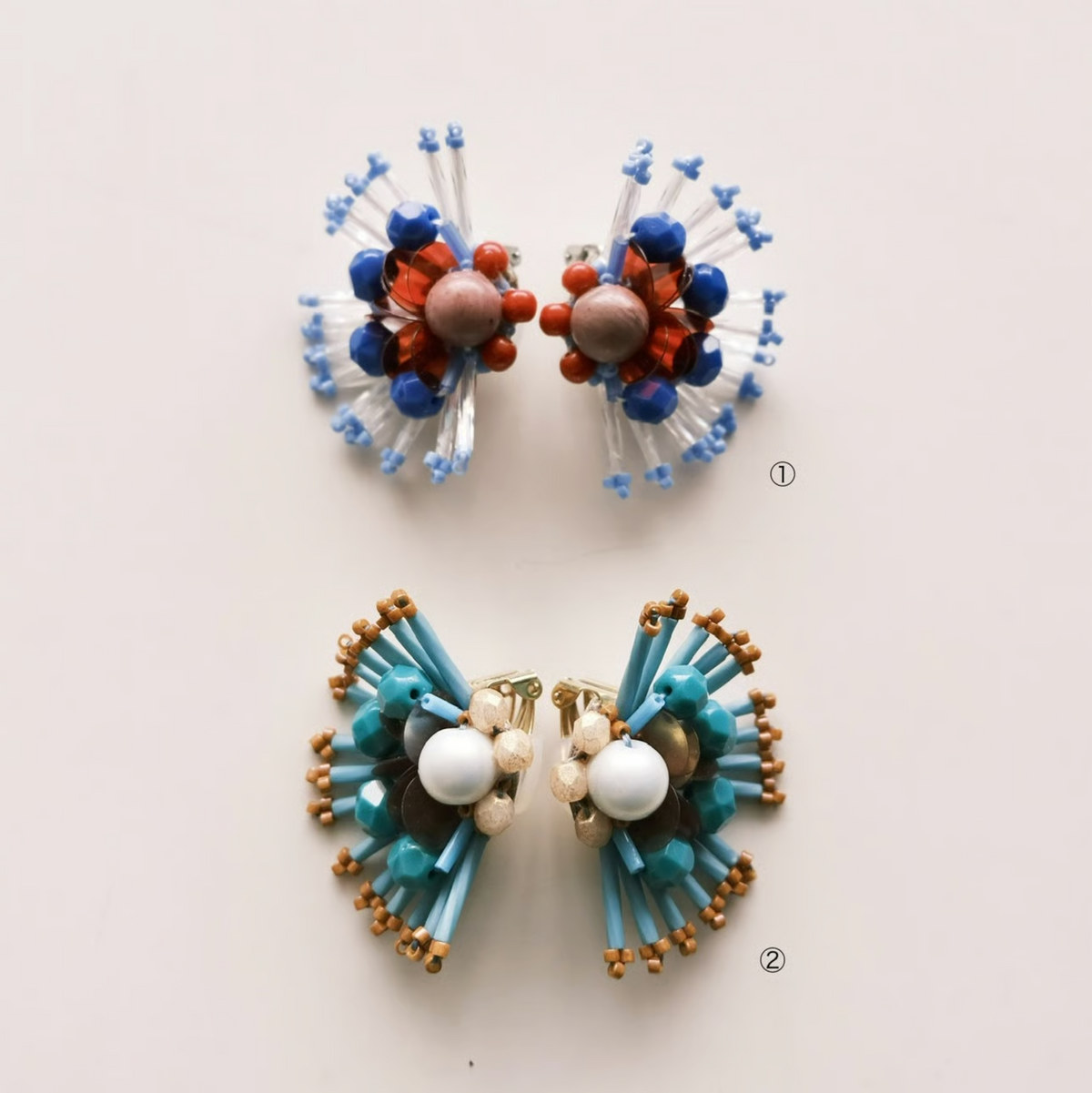 [tukurou] Japanese Handmade Beads Embroidery Kajaku Earrings, Blue x Brown (Clip Only)