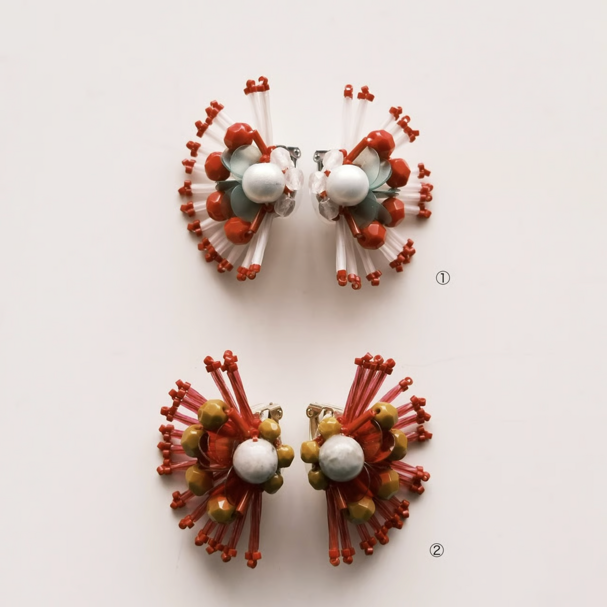 [tukurou] Japanese Handmade Beads Embroidery Kajaku Earrings, Red x Caramel (Clip Only)