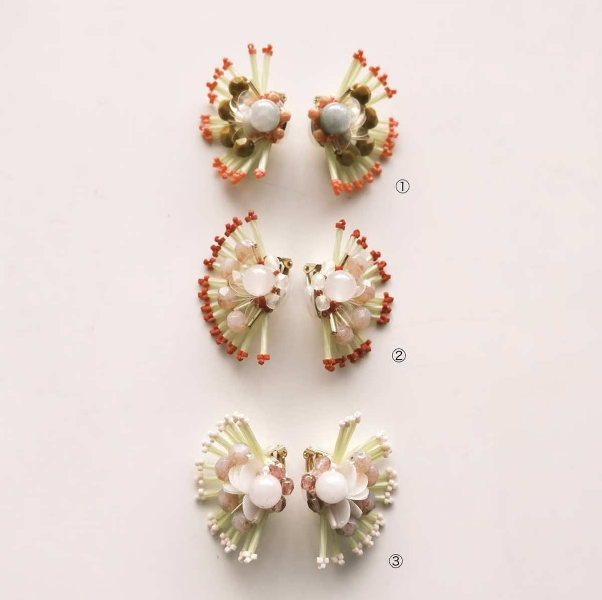 [tukurou] Japanese Handmade Beads Embroidery Kajaku Earrings, Yellow x Pale Pink (Clip Only)