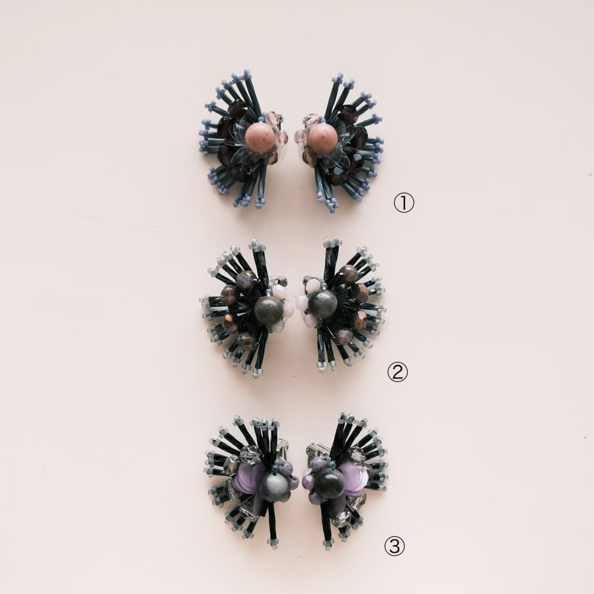 [tukurou] Japanese Handmade Beads Embroidery Kajaku Earrings, Charcoal x Pink (Clip Only)