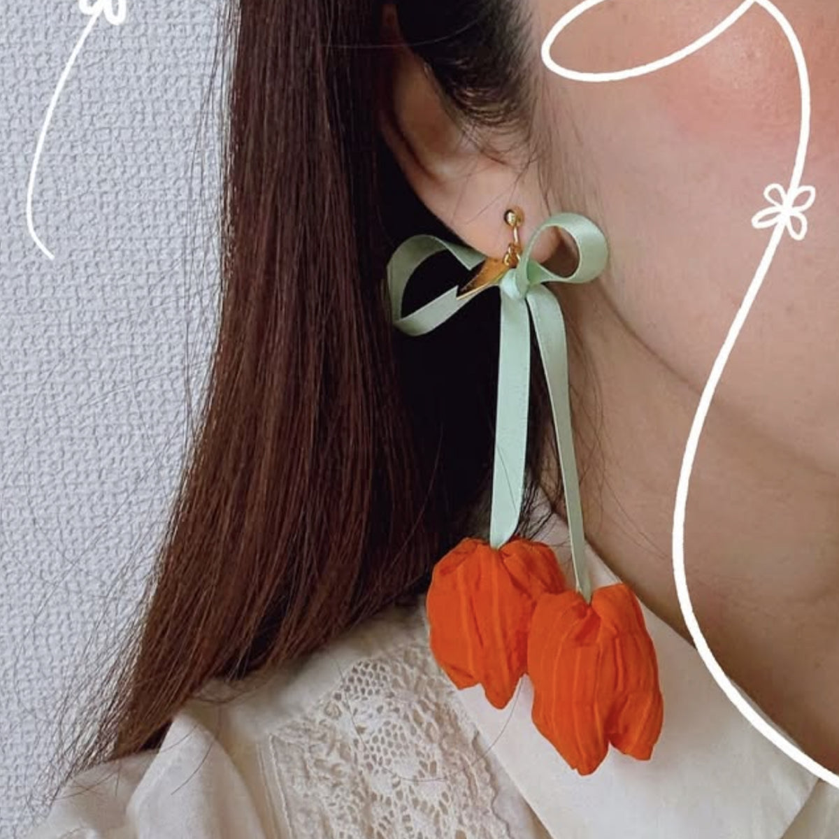 [hanauta] Japanese Handmade Twin Tulips Earrings, Soft Green