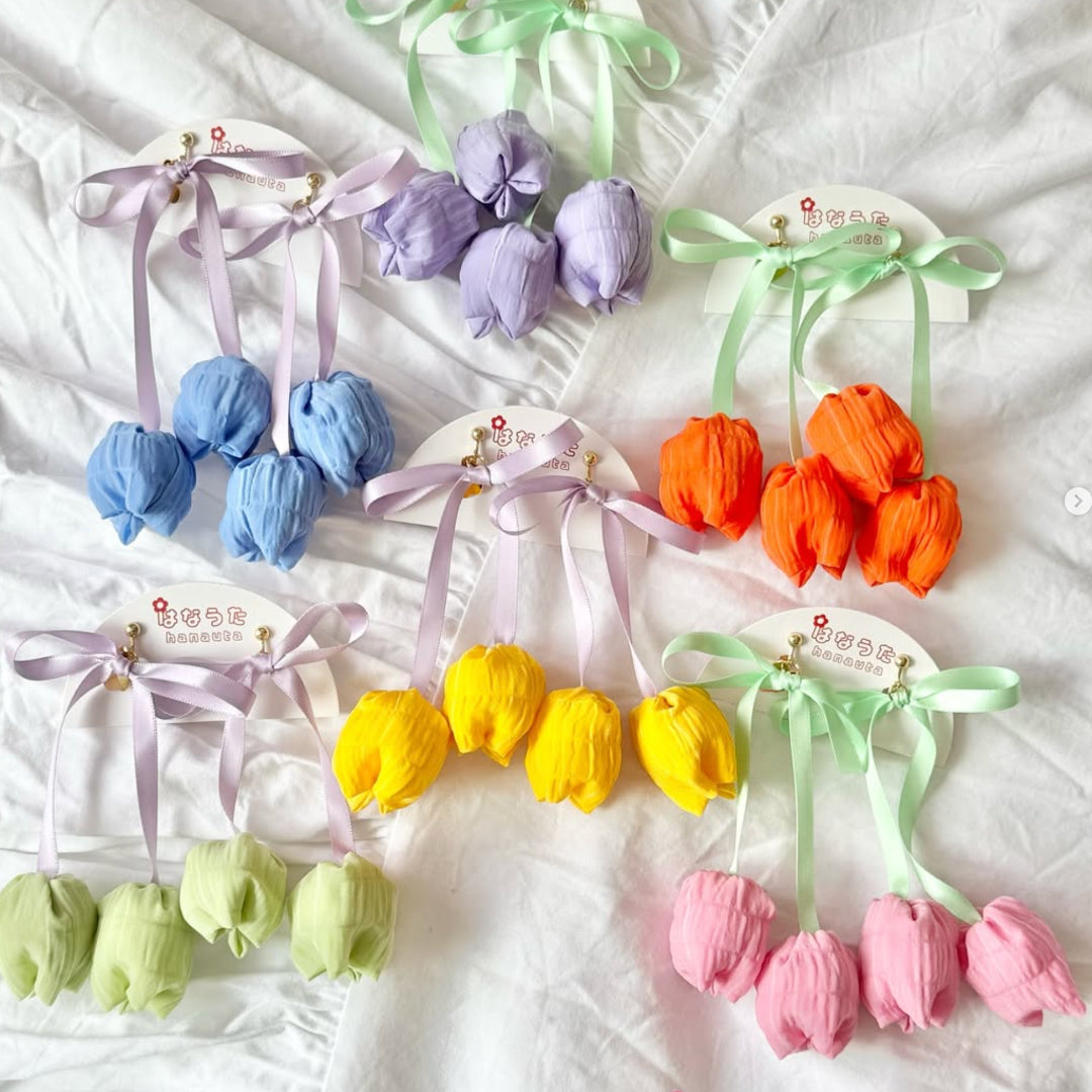 [hanauta] Japanese Handmade Twin Tulips Earrings, Yellow