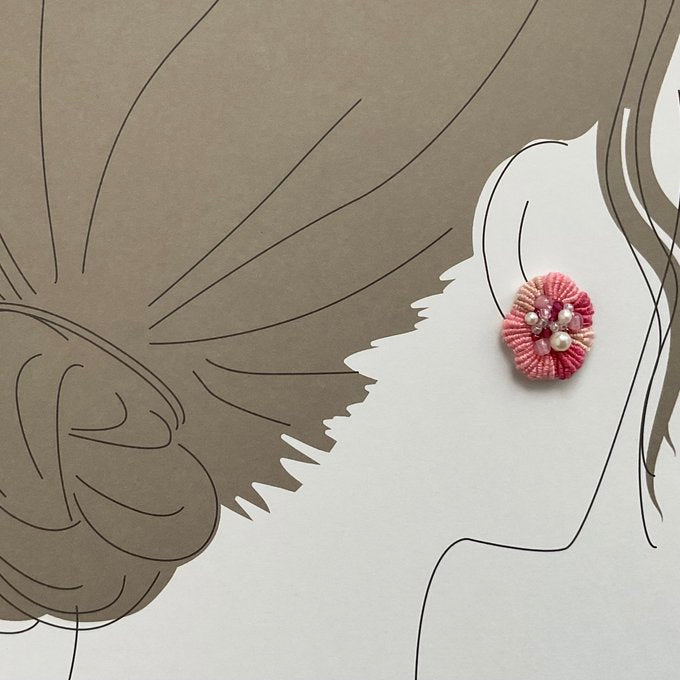[akairo] Japanese Handmade Embroidery Earrings, Dark Pink