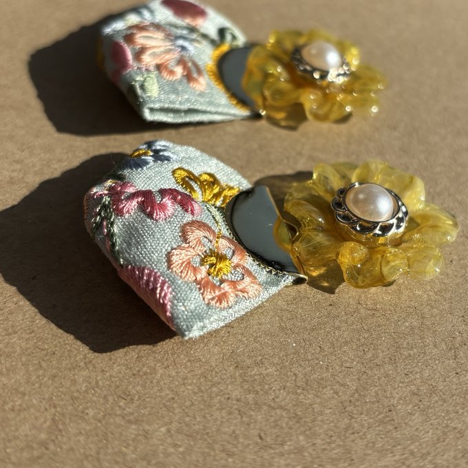[mameko] 日本手作印度刺繡緞帶耳環，黃色