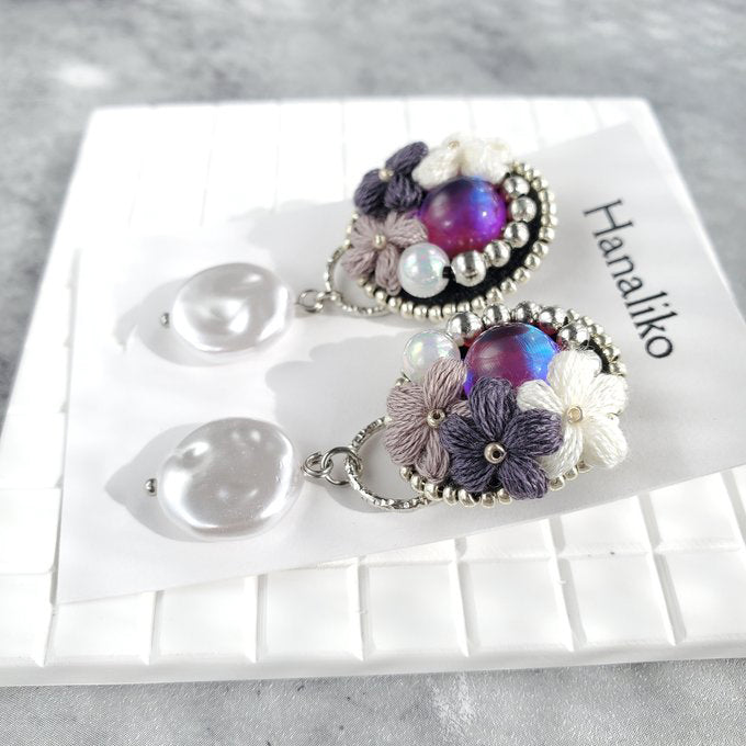 [Hanaliko] Japanese Handmade Bouquet Embroidery with Pearl Earrings, Purple
