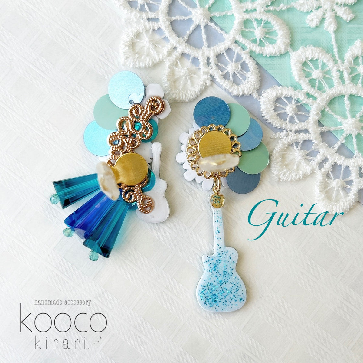 [kooco kirari] Japanese Handmade Guitar Earrings, Bluish Green